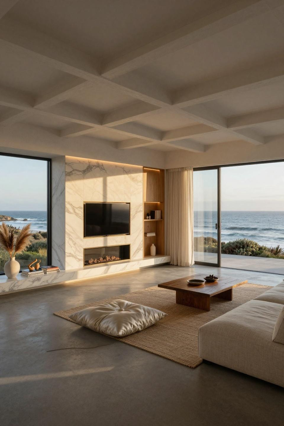 Fire and TV wall built-ins with bleached white oak and Calacatta marble in Malibu beach house