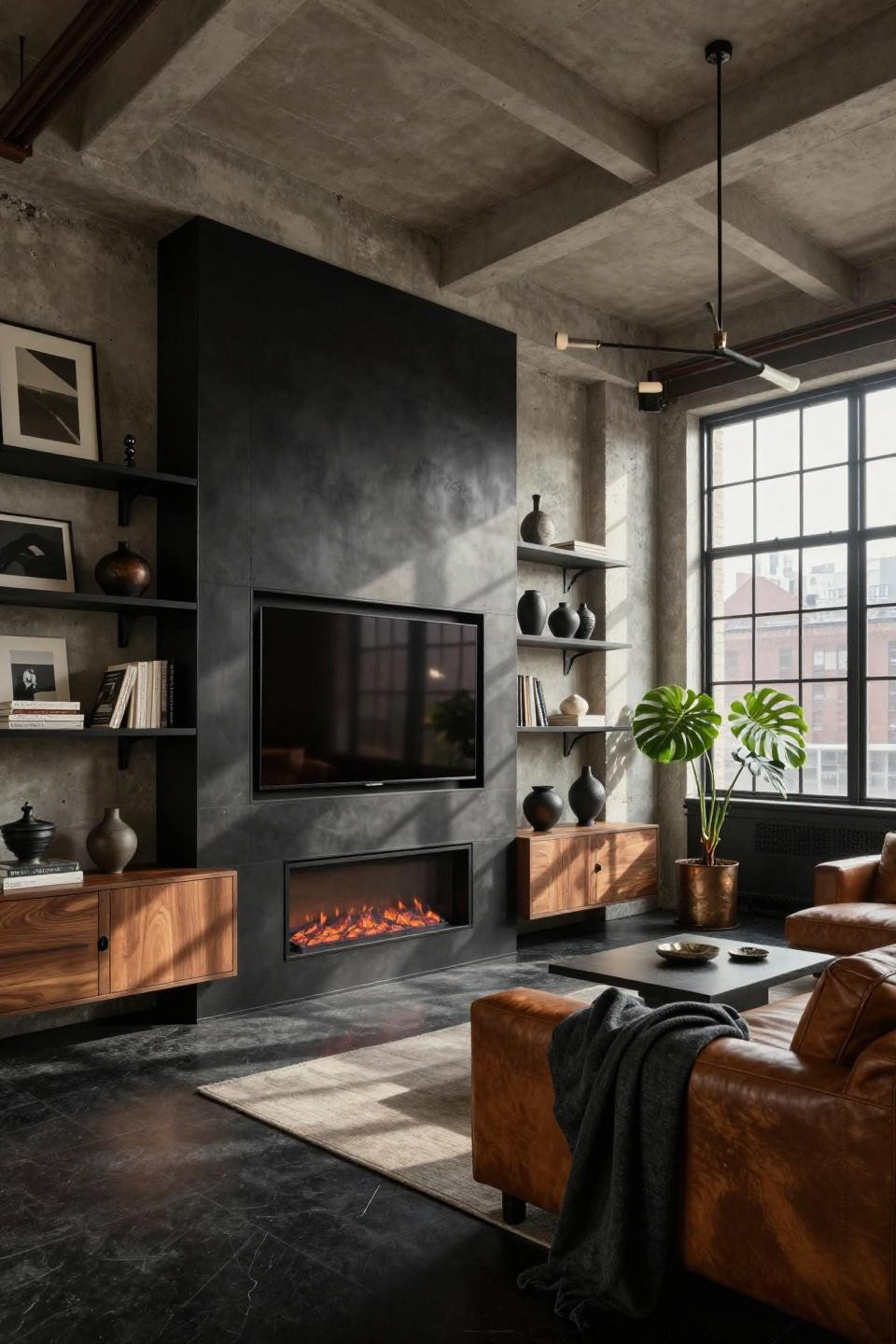 TV fireplace wall ideas with built-ins featuring blackened steel and oiled walnut in Tribeca loft
