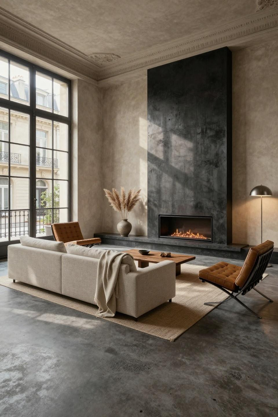 Electric fireplace wall ideas with TV using blackened steel and acid-etched concrete in Parisian villa