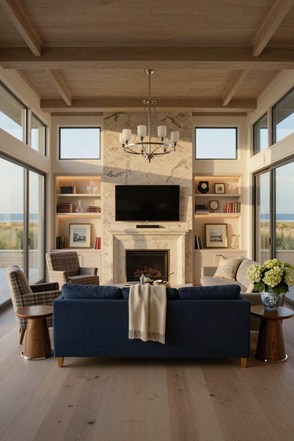 Living room media wall ideas showcasing French limestone with built-in millwork in Hamptons beach house