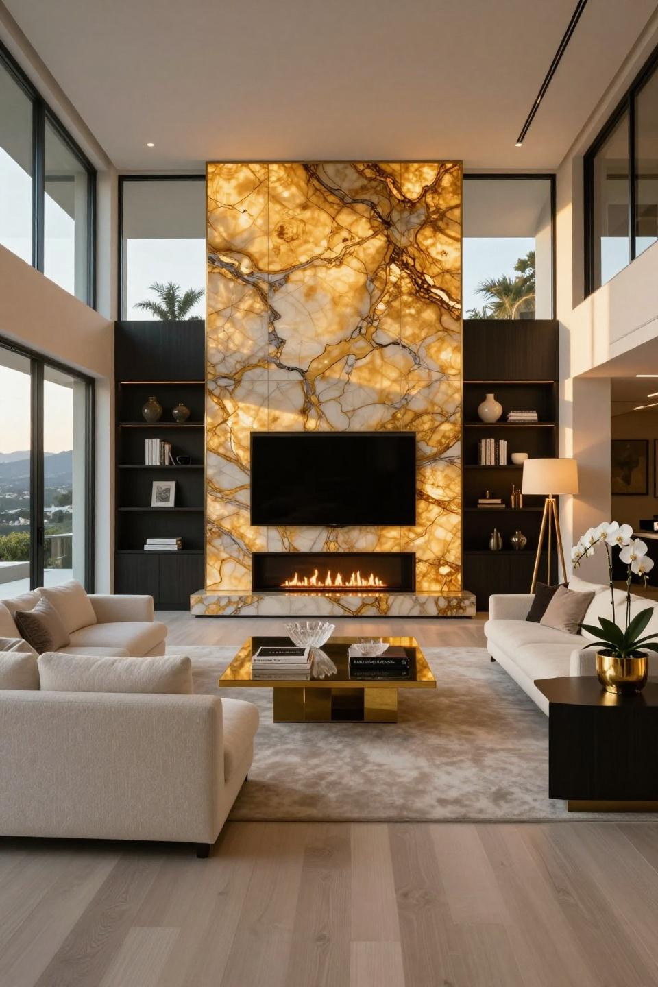 Modern TV and fire wall ideas featuring backlit honey onyx slabs in Beverly Hills estate