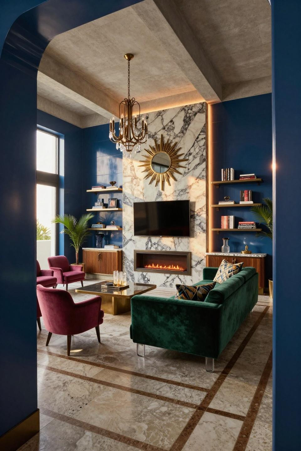 Media wall ideas with fireplace displaying book-matched travertine and bronze in Miami Art Deco loft