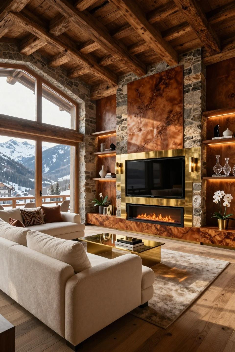 Modern TV wall with fireplace showcasing walnut burl millwork and brass frame in Gstaad chalet