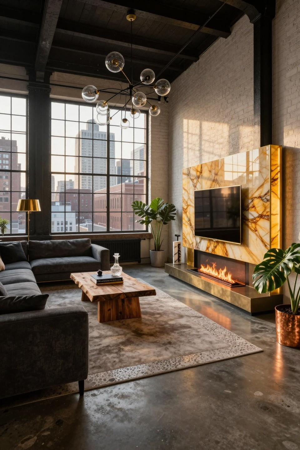 Media wall with fireplace and TV featuring honey onyx panels with gold leaf accents in Tribeca loft