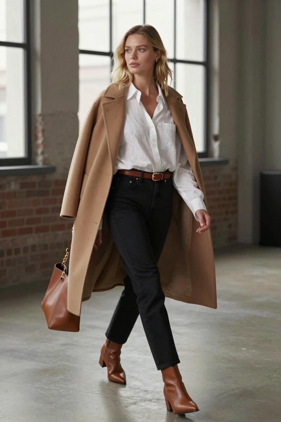 Black denim jeans outfit with ivory linen shirt and camel coat