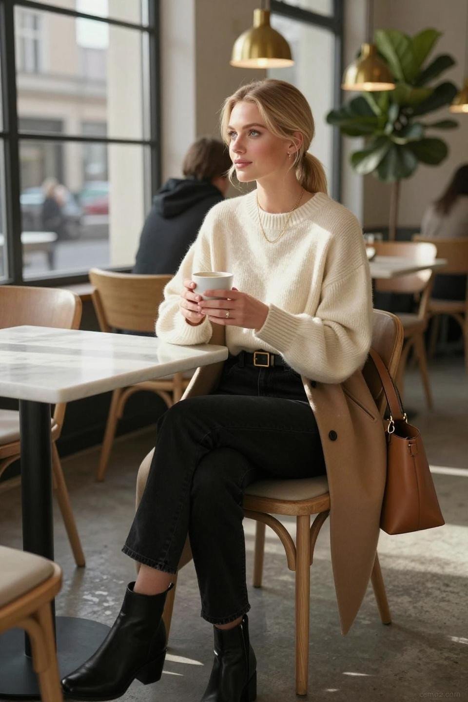 Black wide leg jeans outfit with cream sweater and camel coat