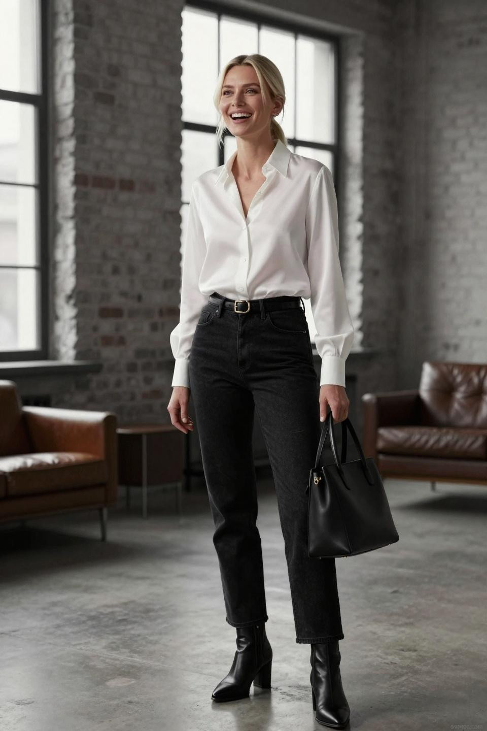 Black straight fit jeans outfit with white silk blouse and black blazer