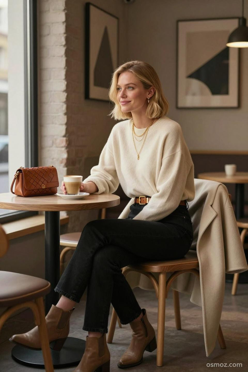 Black jeans outfit casual with cream sweater and camel coat