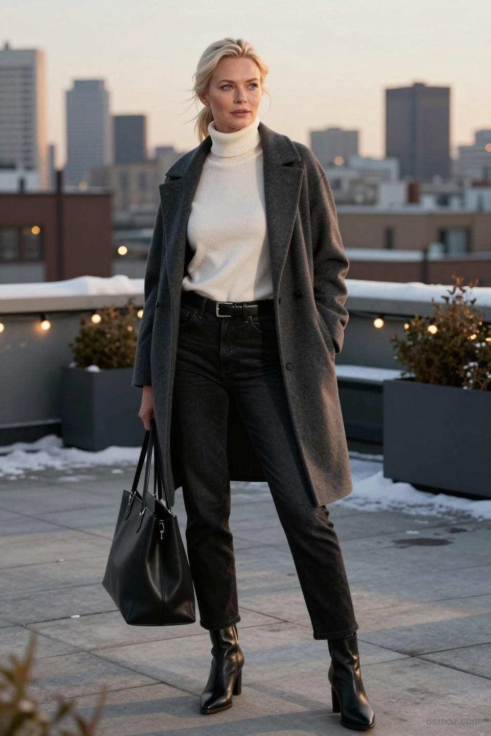 Black straight jeans outfit winter with ivory turtleneck and charcoal coat