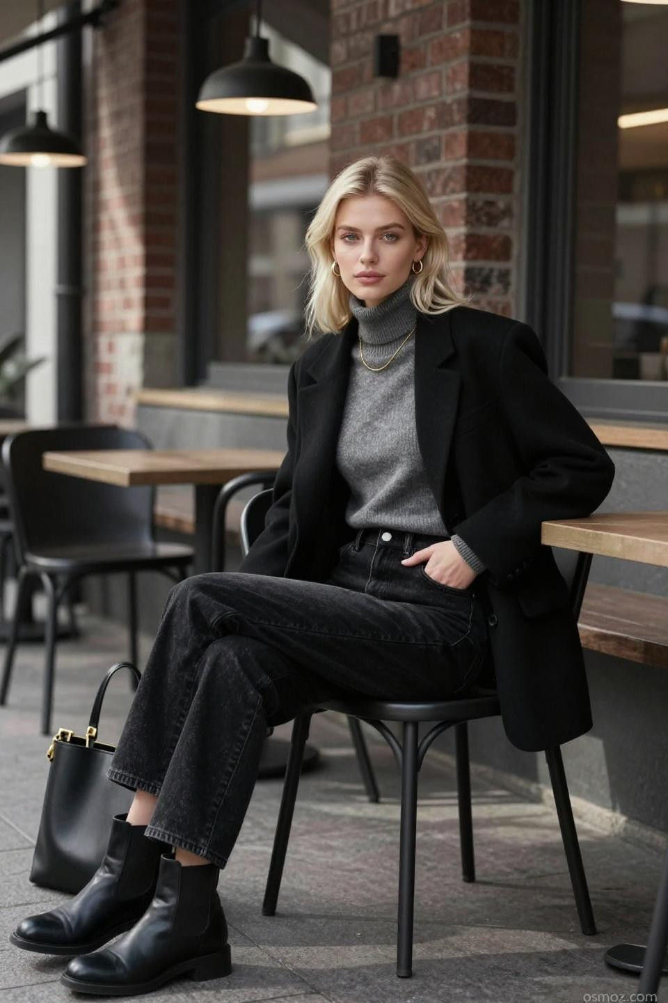 All black jeans outfit with grey turtleneck and black blazer