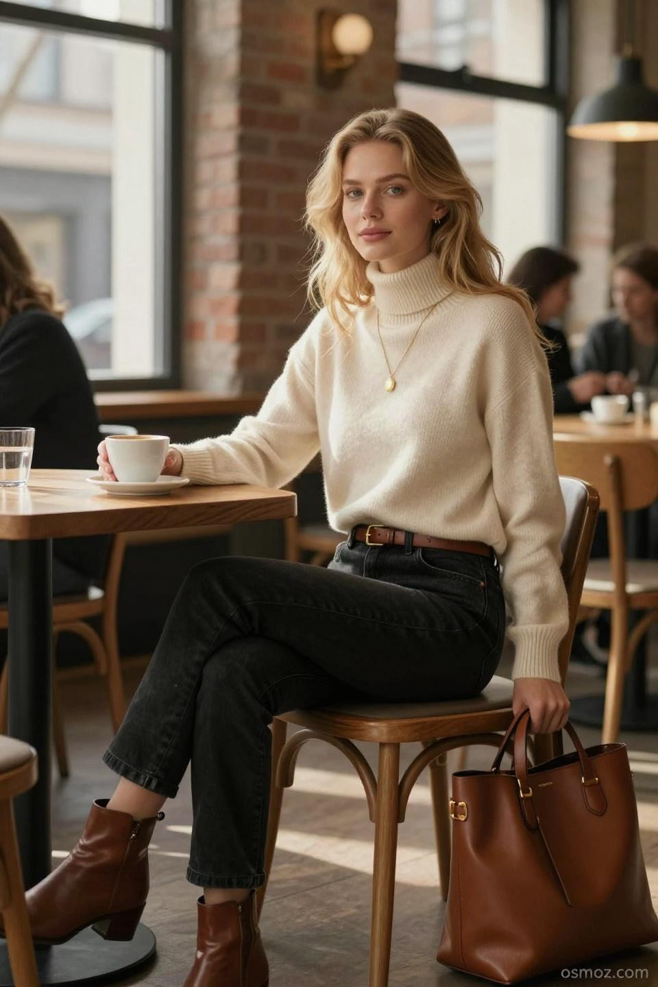 Faded black jeans outfit with cream turtleneck and cognac accessories