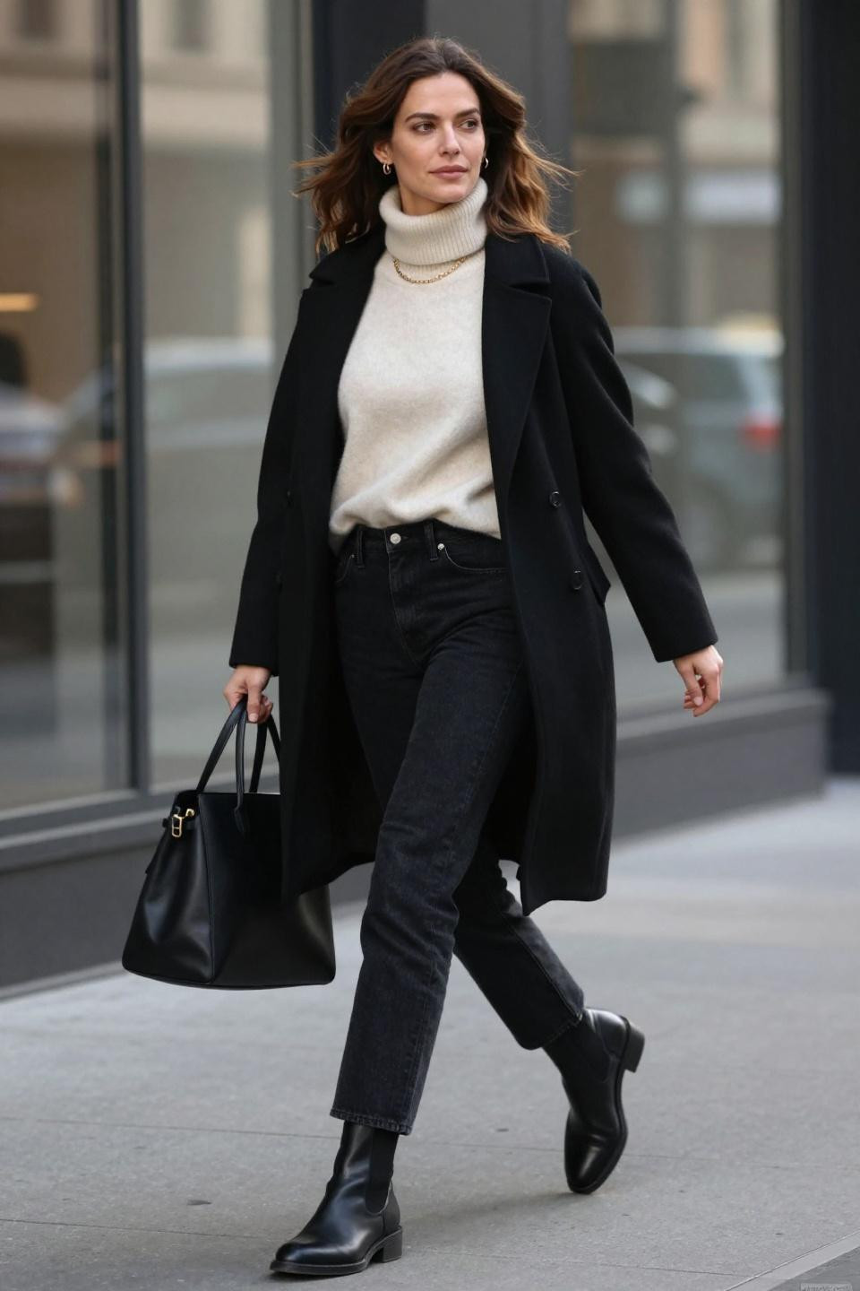 How to style black jeans with cream turtleneck and wool coat
