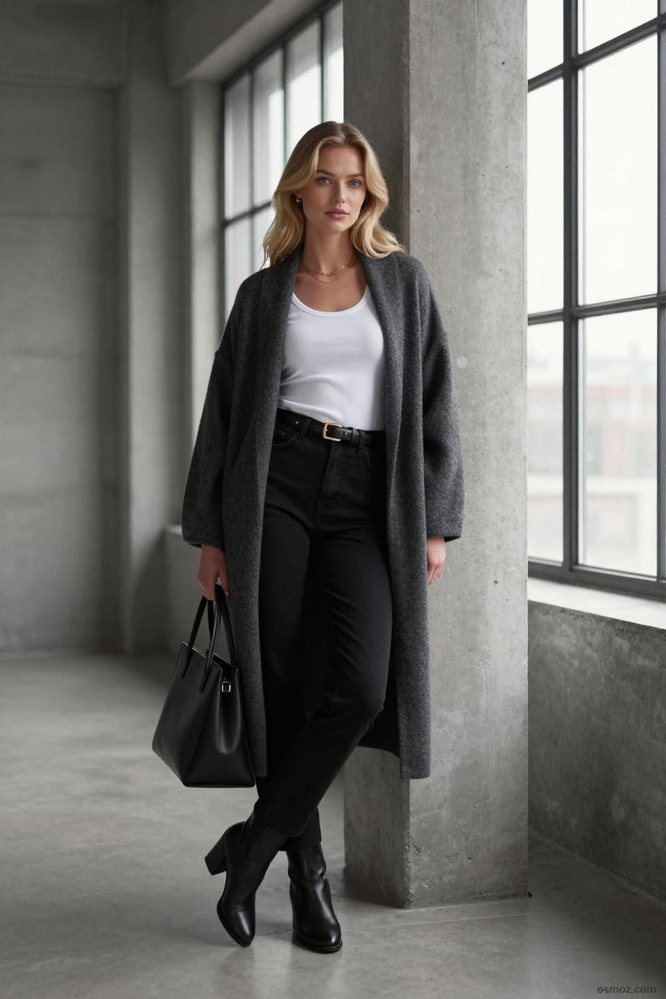Black jeans outfits for women featuring charcoal cardigan and white tank