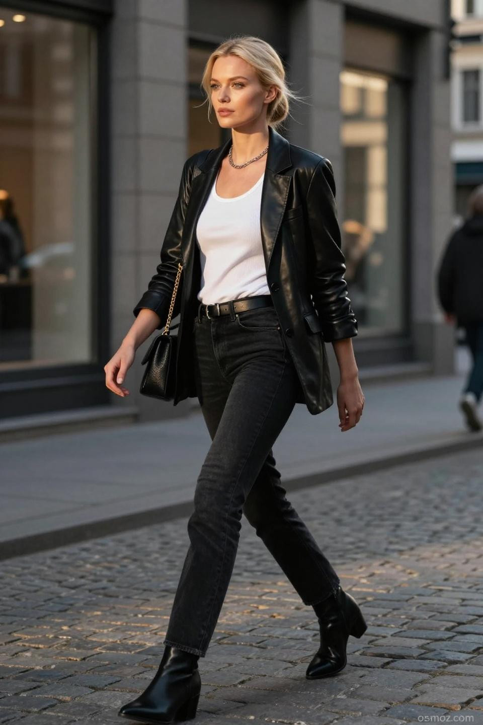 Black wide leg jeans outfit with white tank and leather blazer