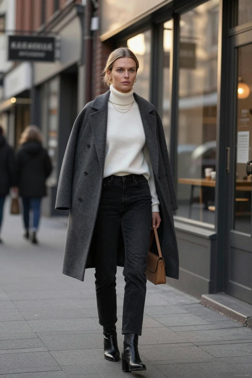 Black straight jeans outfit winter with cashmere turtleneck and wool overcoat