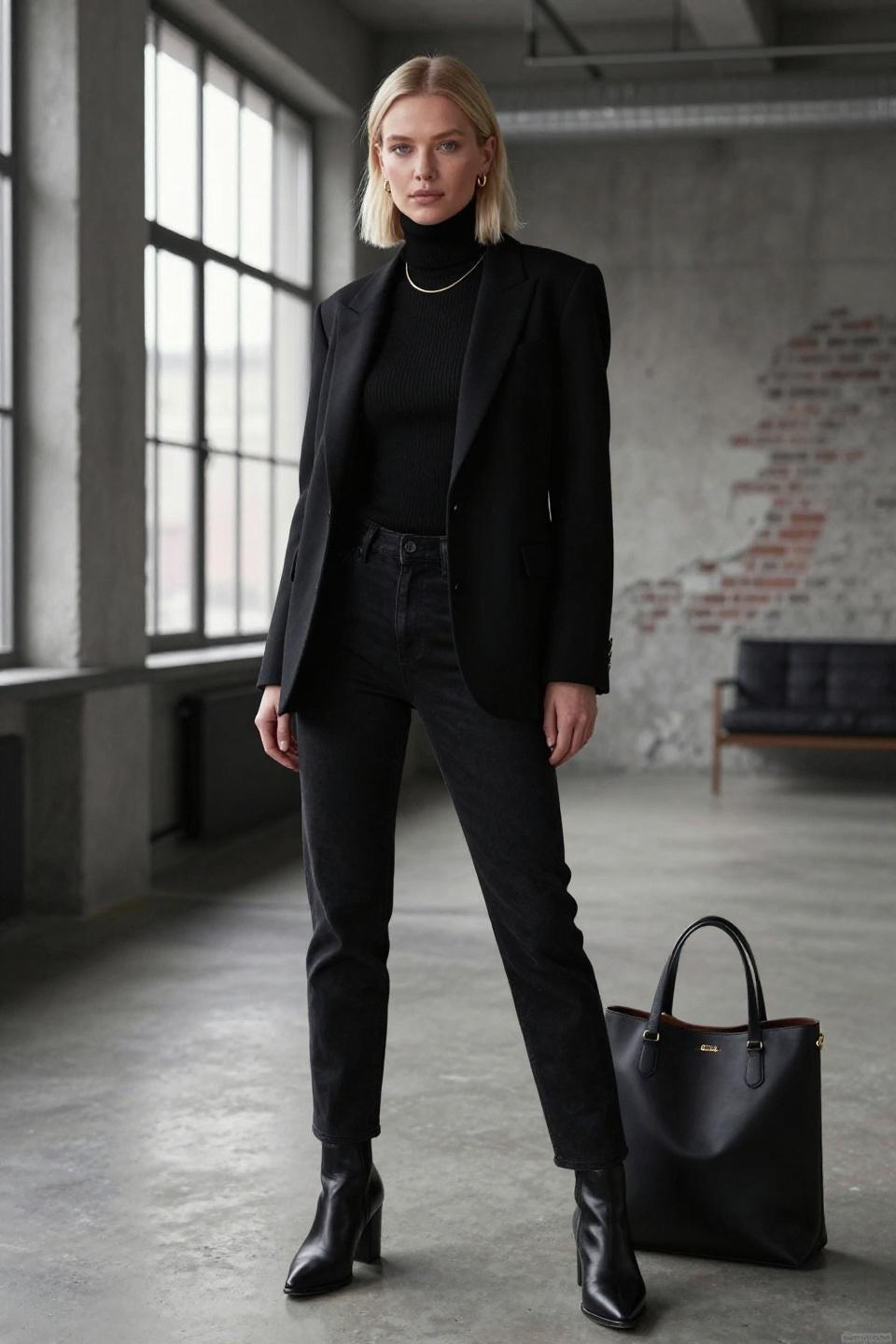 All black jeans outfit with fitted turtleneck and structured blazer