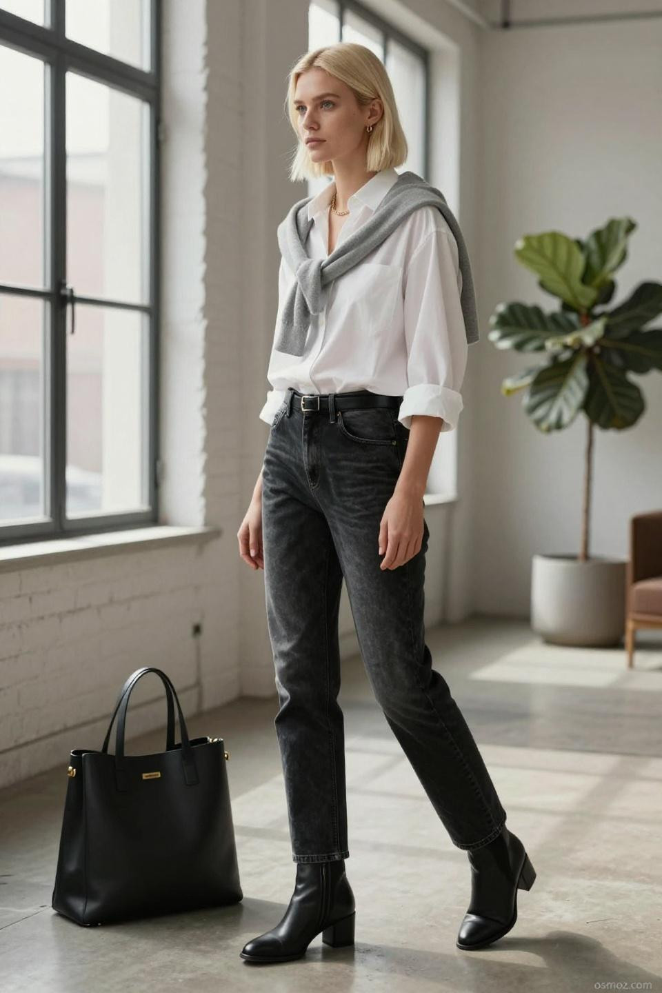 Faded black jeans outfit with white button-down and grey sweater