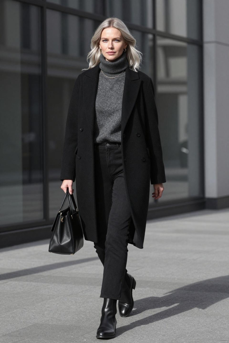 Black straight leg pants outfit with charcoal turtleneck and wool coat