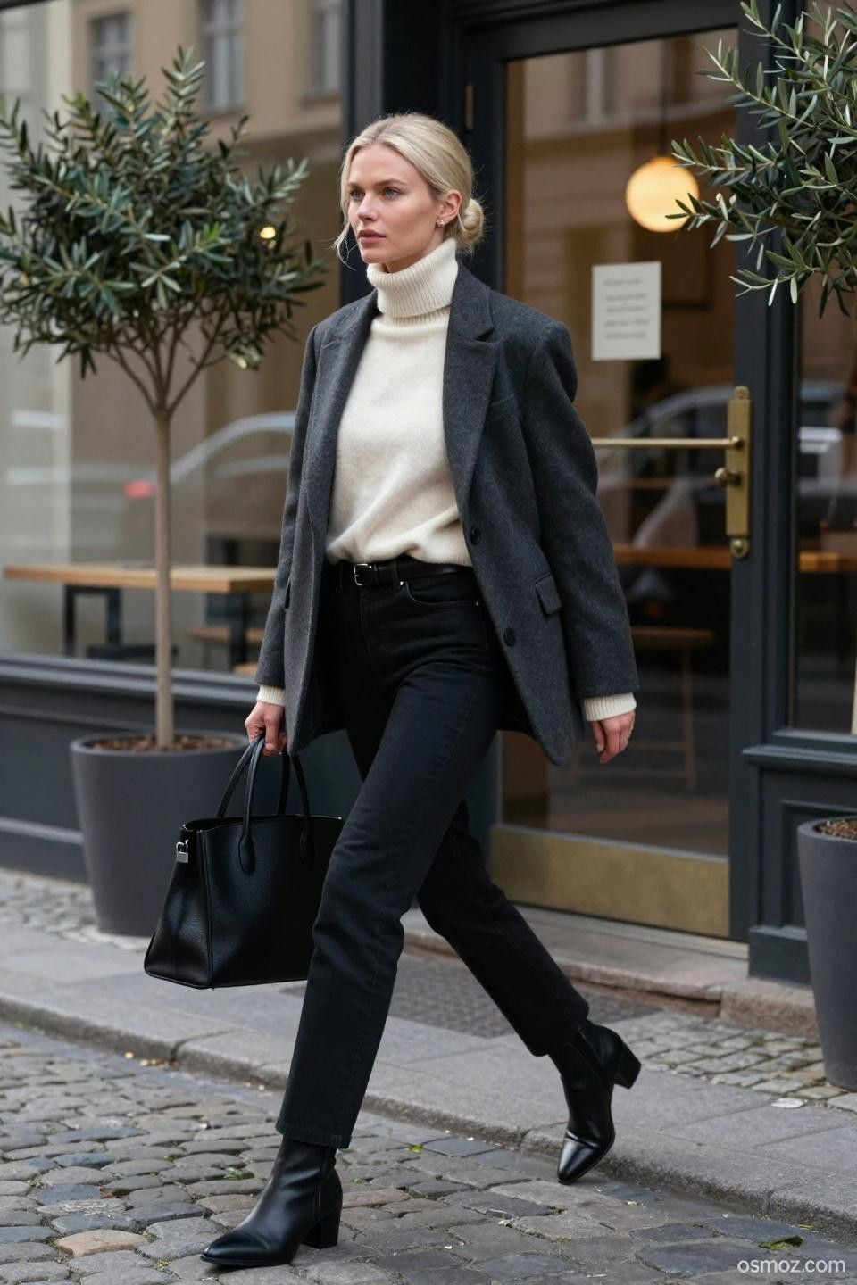 How to style black jeans with cream turtleneck and charcoal blazer