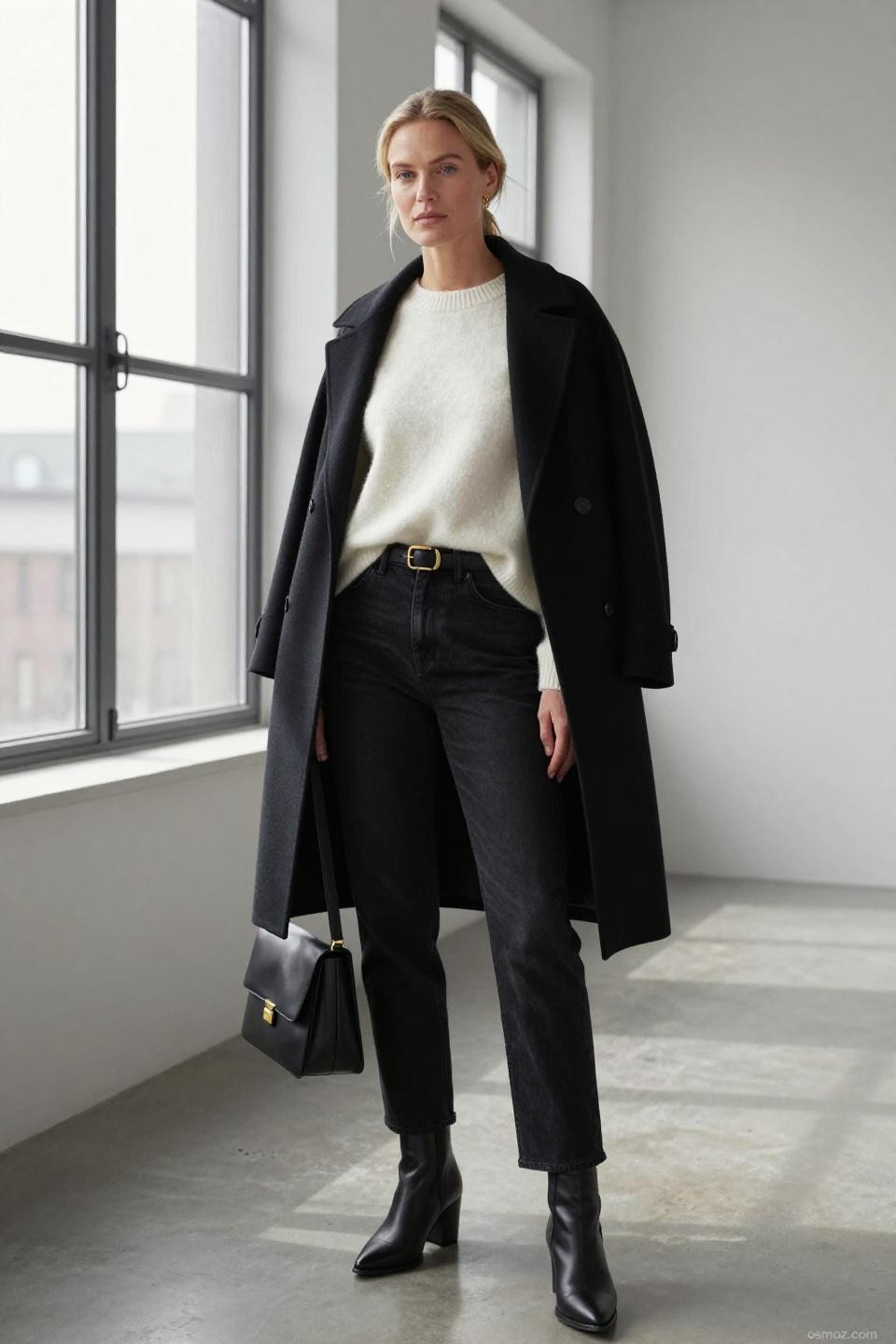 Black jeans outfits for women featuring cream sweater and wool coat