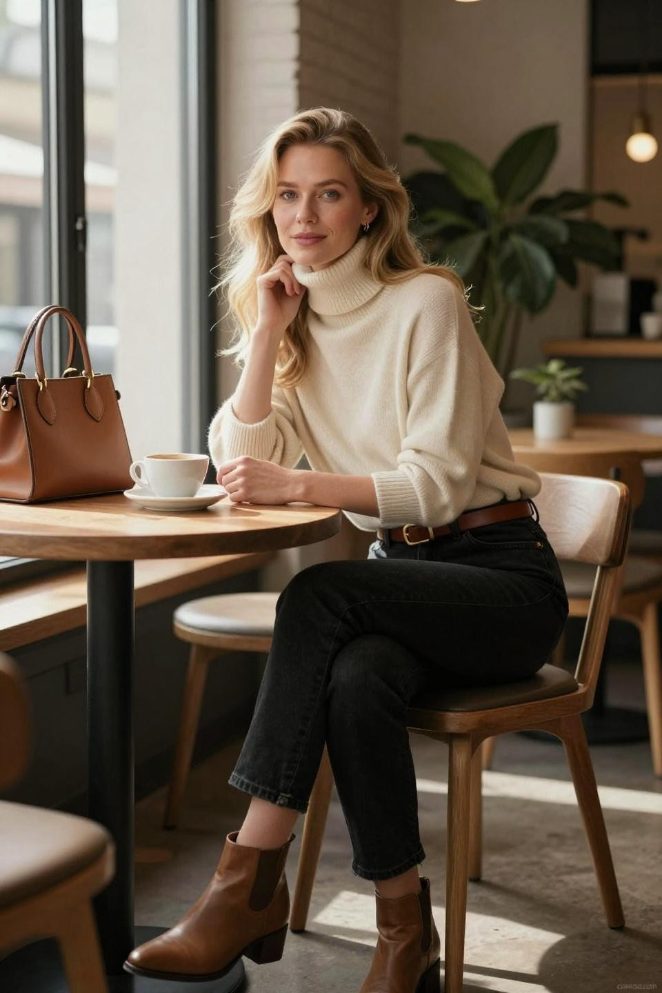 Black straight leg jeans outfit with cream turtleneck sweater and cognac leather accessories