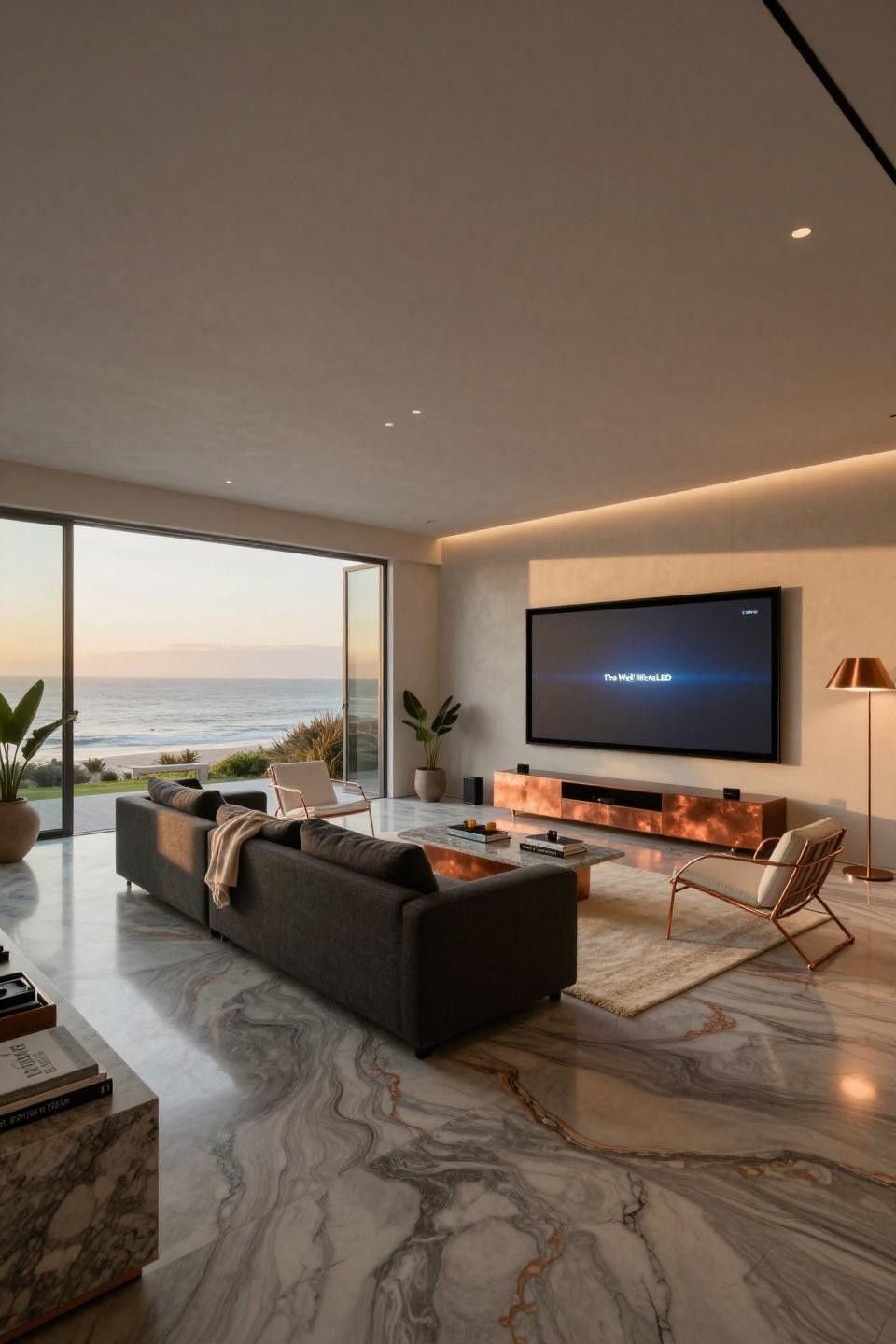 Teen hangout space with Samsung The Wall display and quartzite floors