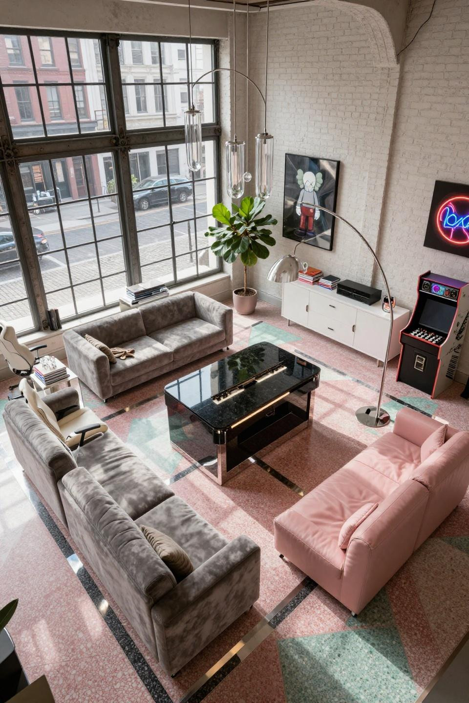 Teen hangout space with custom terrazzo gaming island and chrome accents