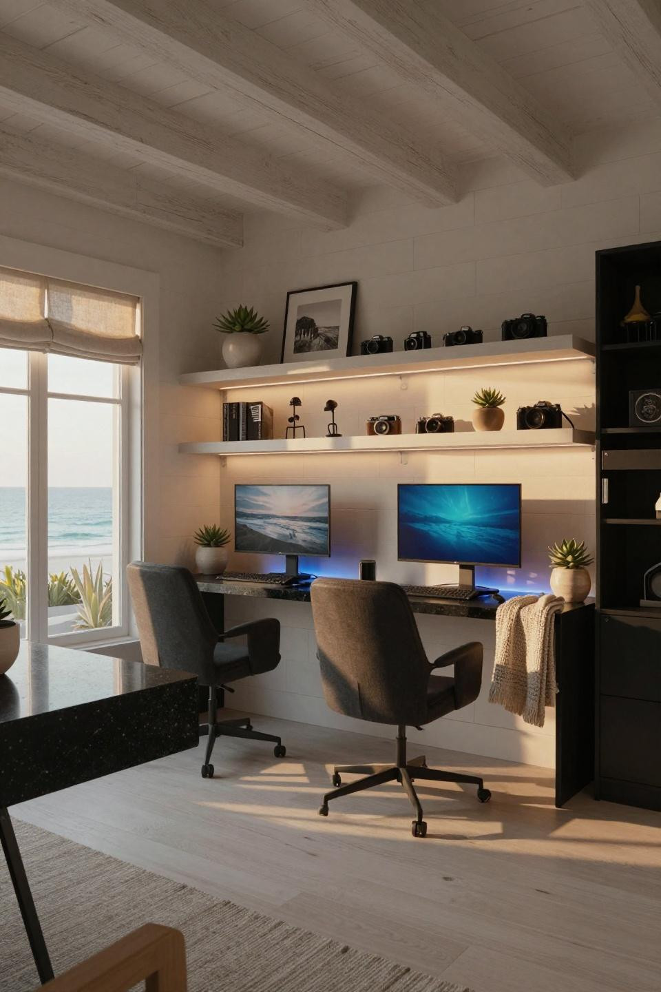Teen hangout space with honed black granite desks and white oak beams