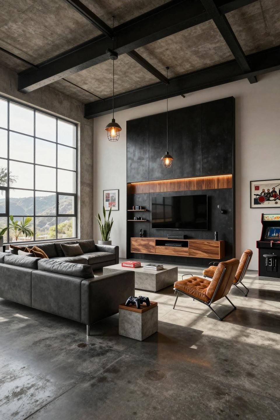 Teen hangout space with custom blackened steel and walnut media wall