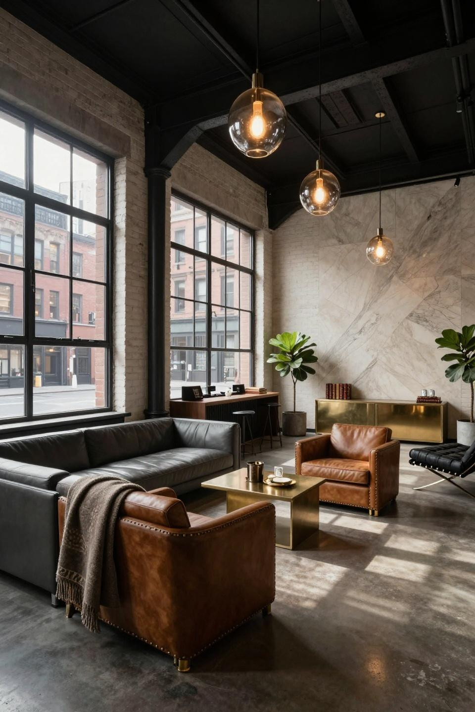 Teen hangout space with B&B Italia Tufty-Time sofa and steel factory windows