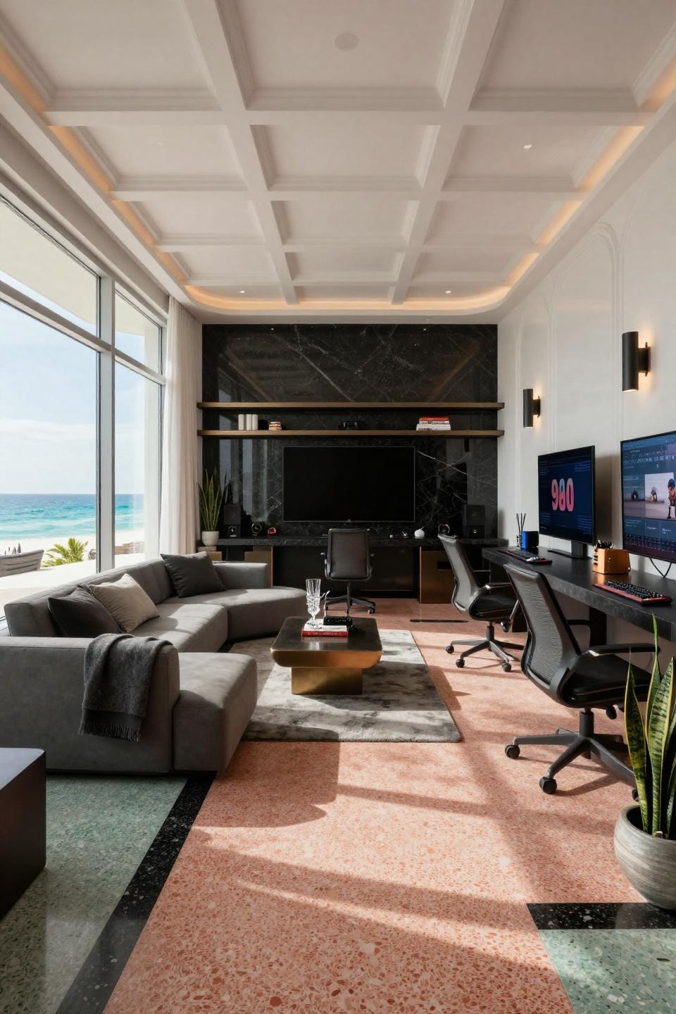 Teen hangout space with honed black granite gaming station and terrazzo floors