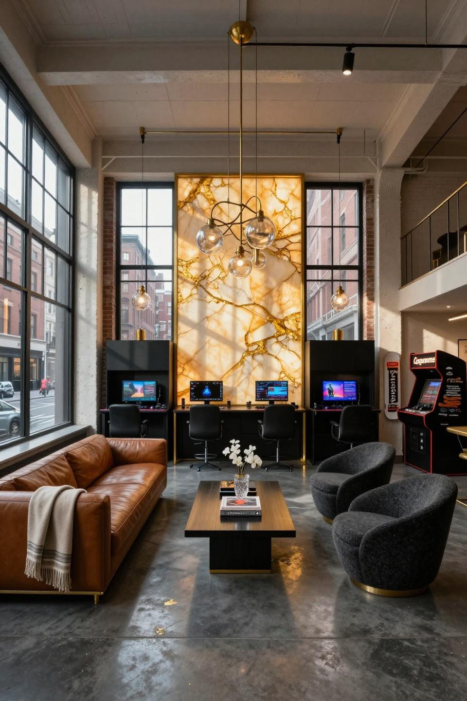 Teen hangout space with backlit honey onyx wall and Poliform millwork