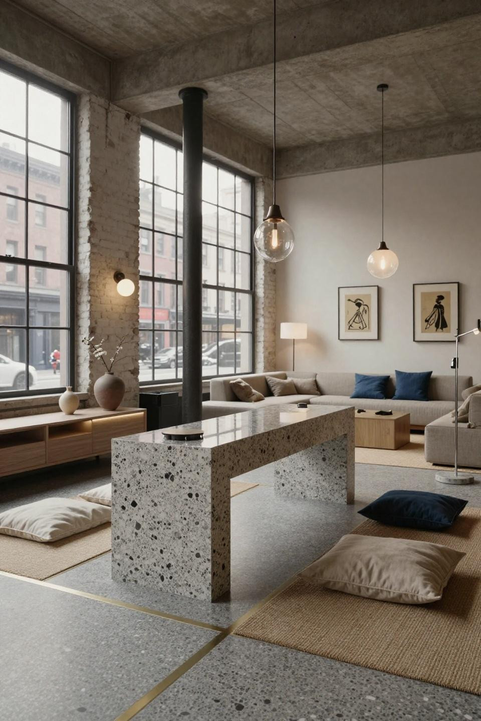 Boys hangout room with terrazzo gaming console and Japanese minimalist design