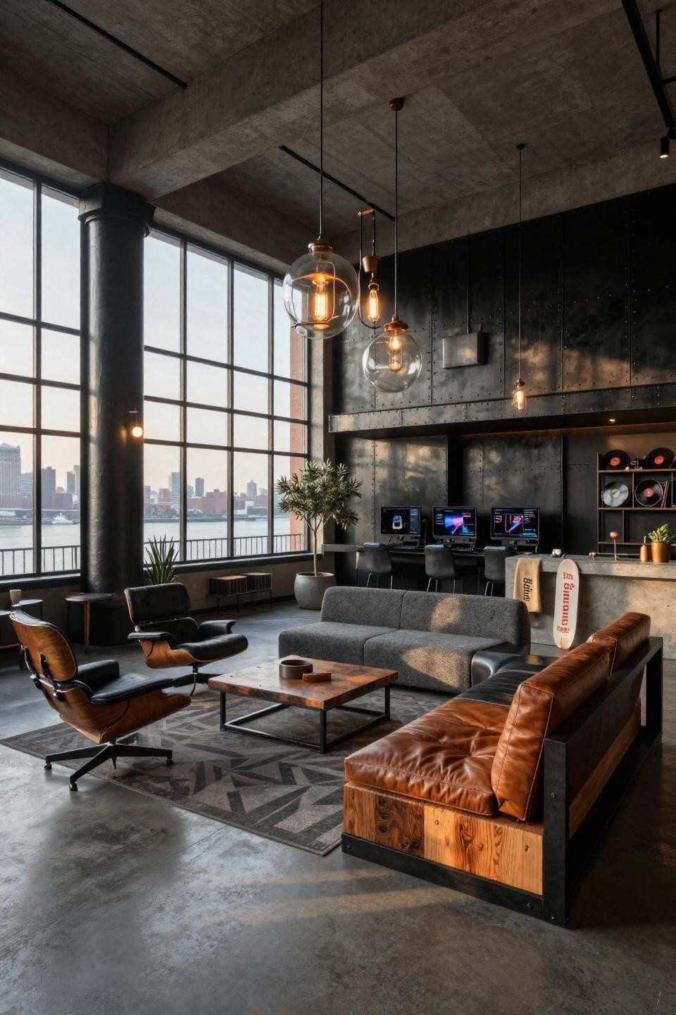 Small hangout room ideas featuring BDDW modular seating and bronze lighting