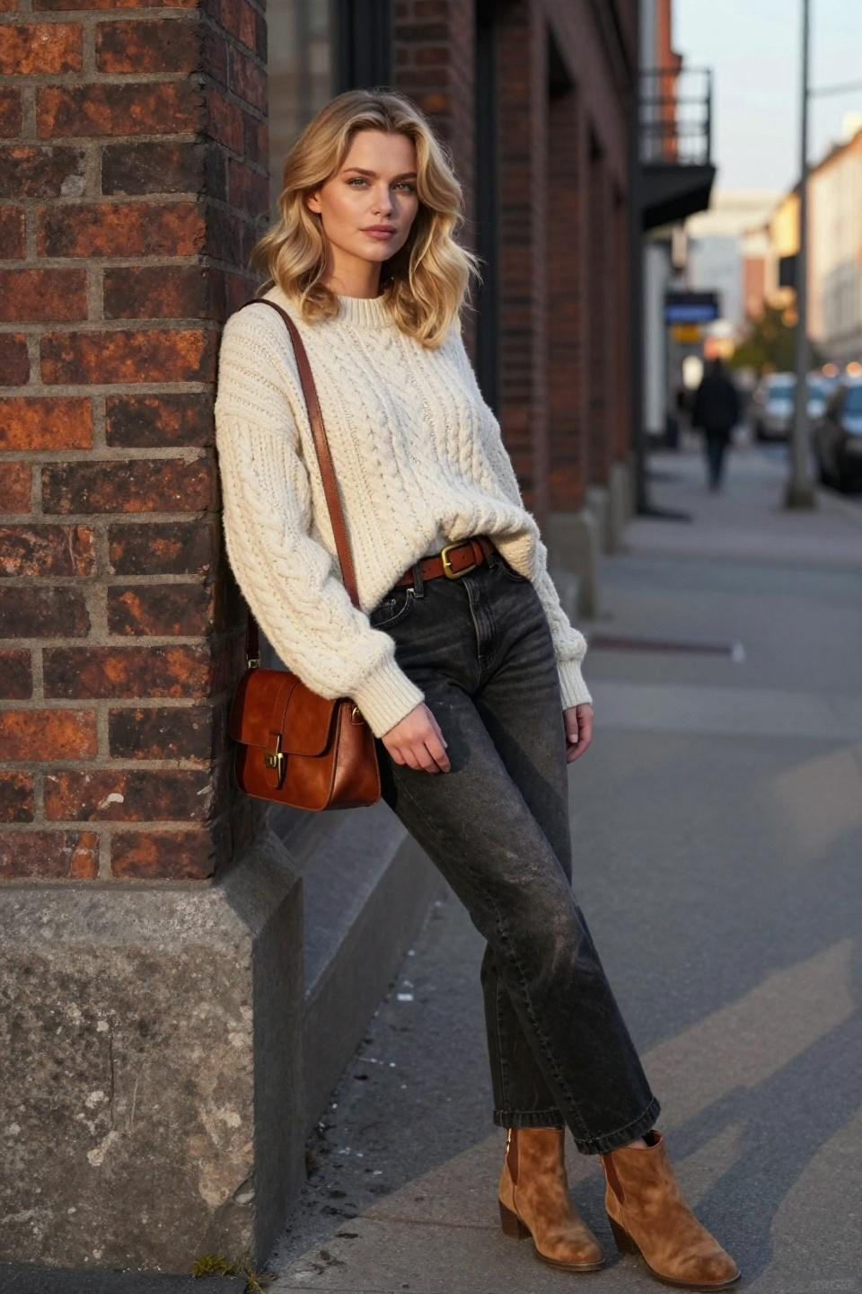 Fits with black jeans featuring cream cable-knit sweater and tan suede boots