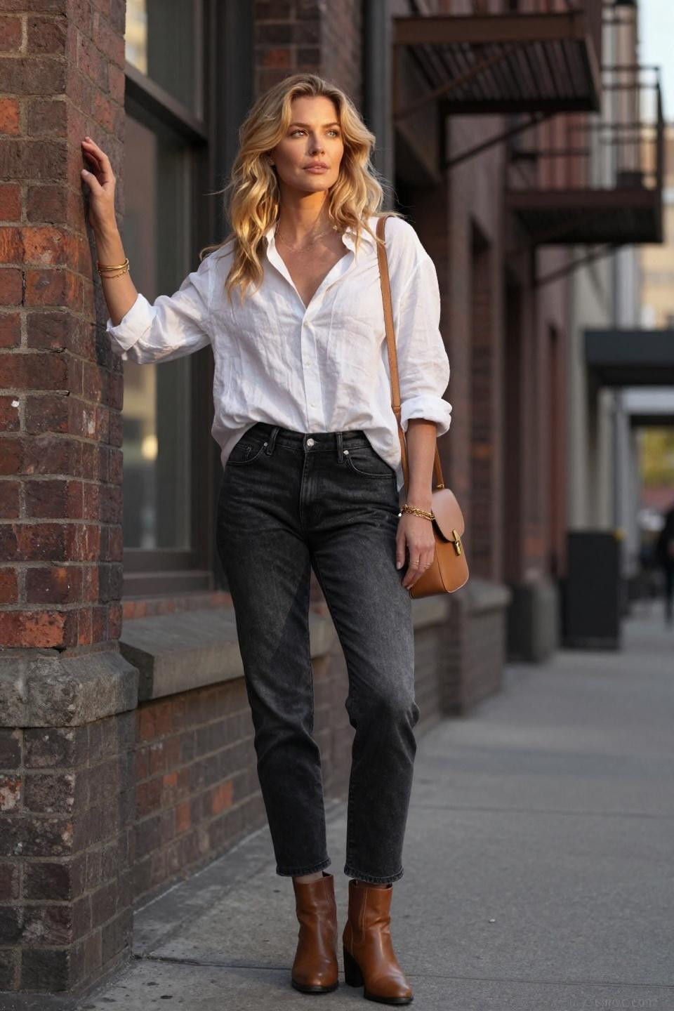 How to style black jeans with white linen button-down and cognac leather accessories