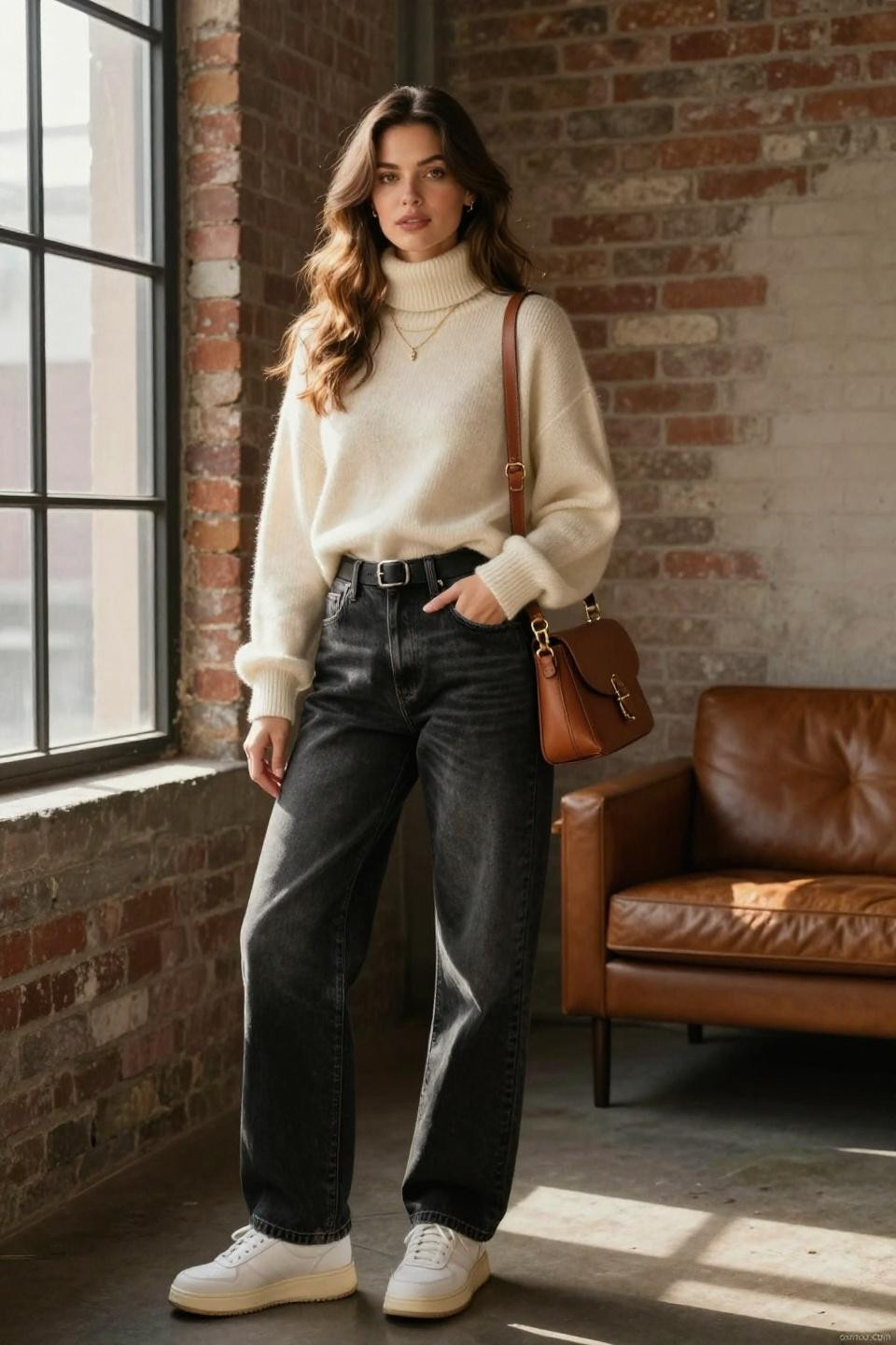 How to style black baggy jeans with cream turtleneck and white platform sneakers