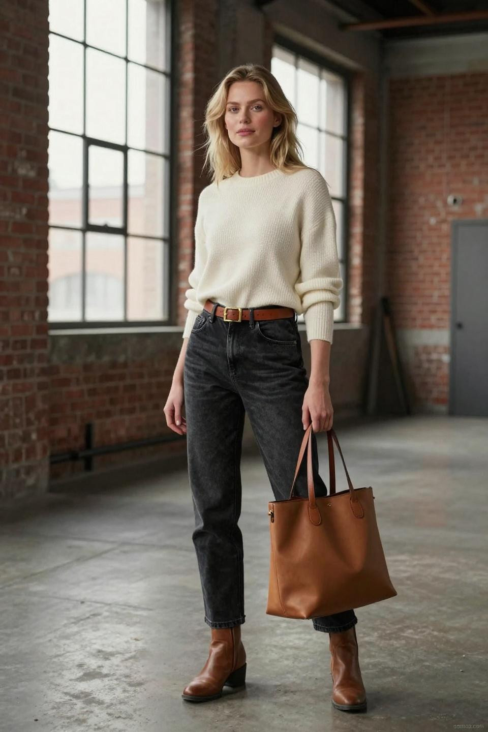 Black faded jeans outfit featuring cream ribbed cashmere sweater in industrial loft