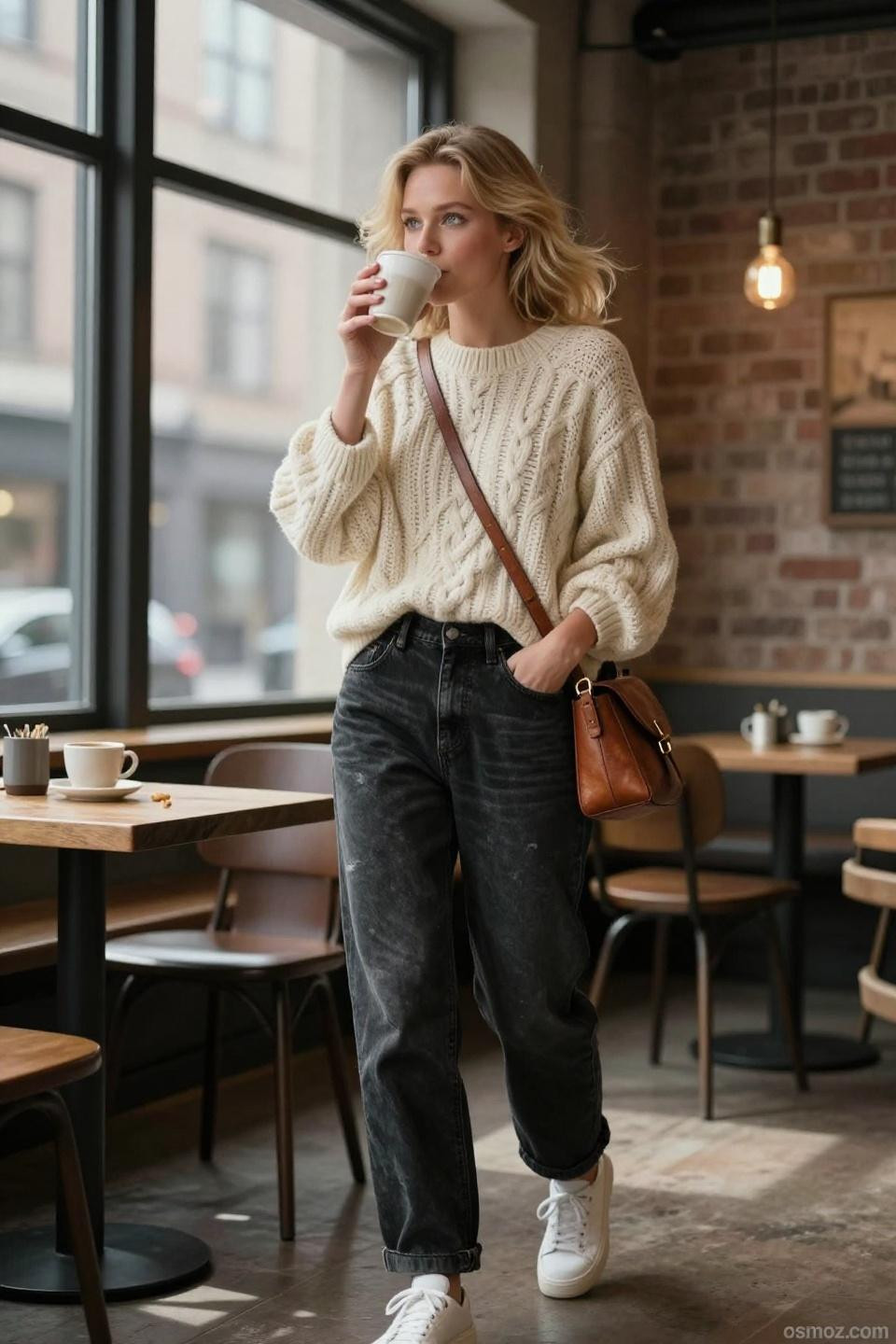 Black denim jeans outfit women featuring cream cable knit sweater in coffee shop setting