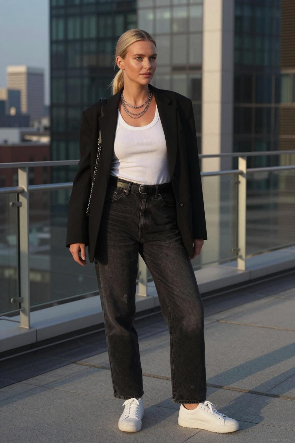 All black jeans outfit with white tank and black blazer
