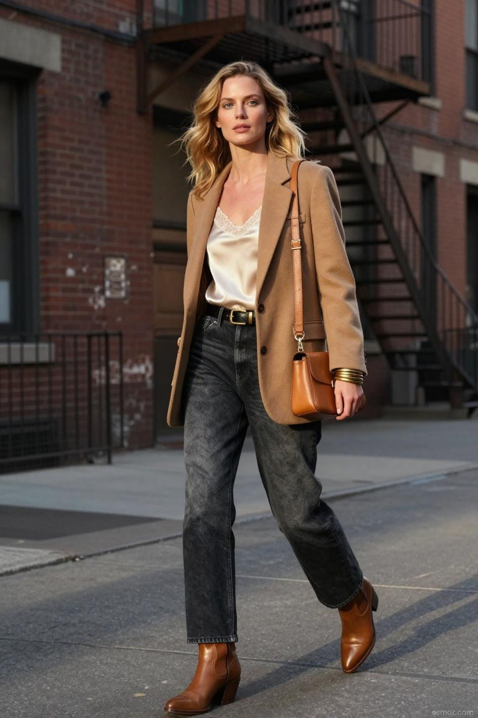 Fits with black jeans featuring ivory silk camisole and camel blazer
