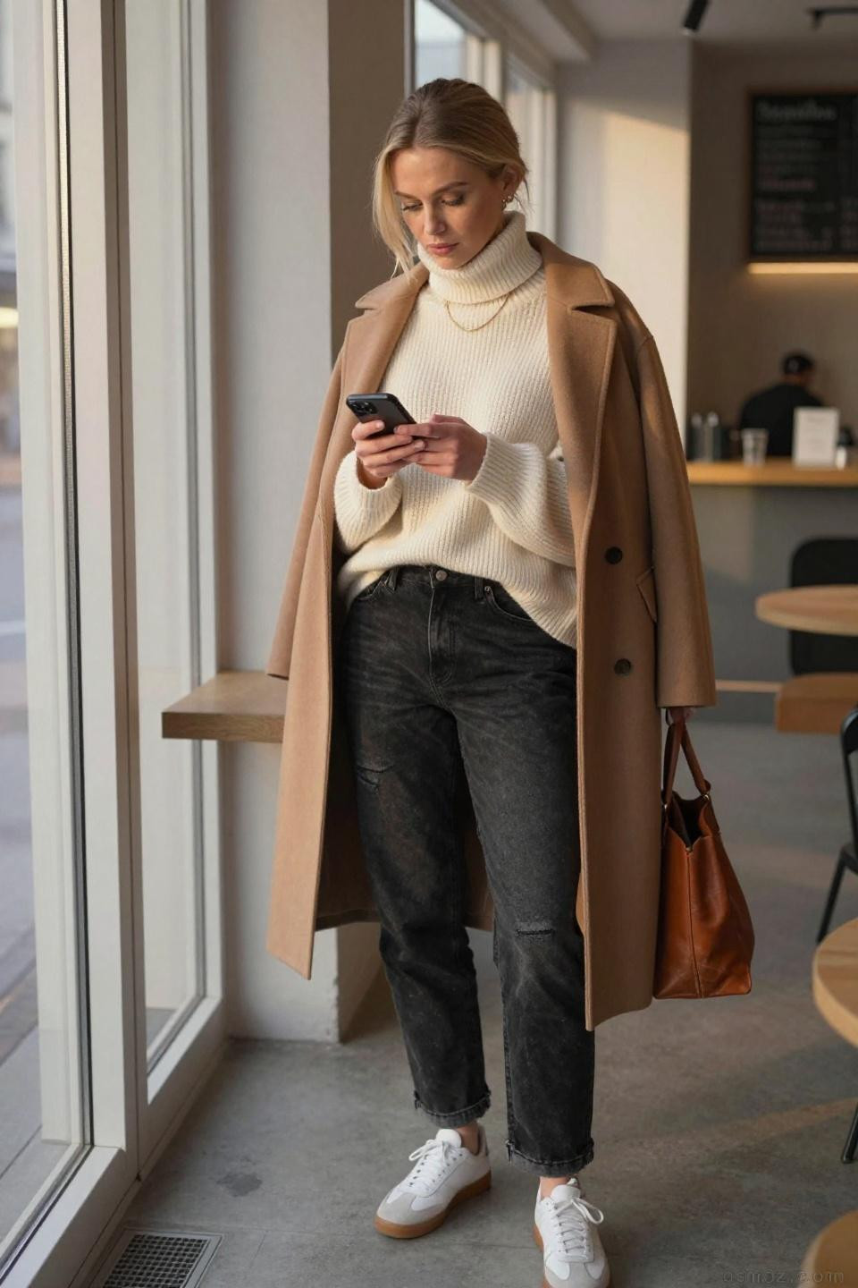 Black faded jeans outfit with cream ribbed turtleneck and camel coat