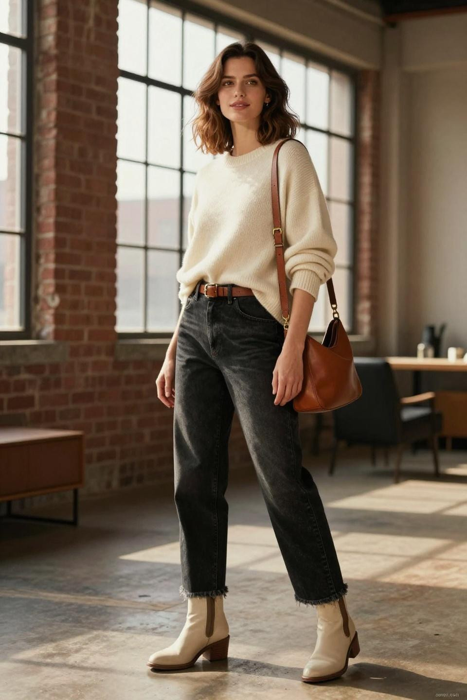 Baggy black jeans outfit featuring cream cashmere sweater and cognac leather accessories