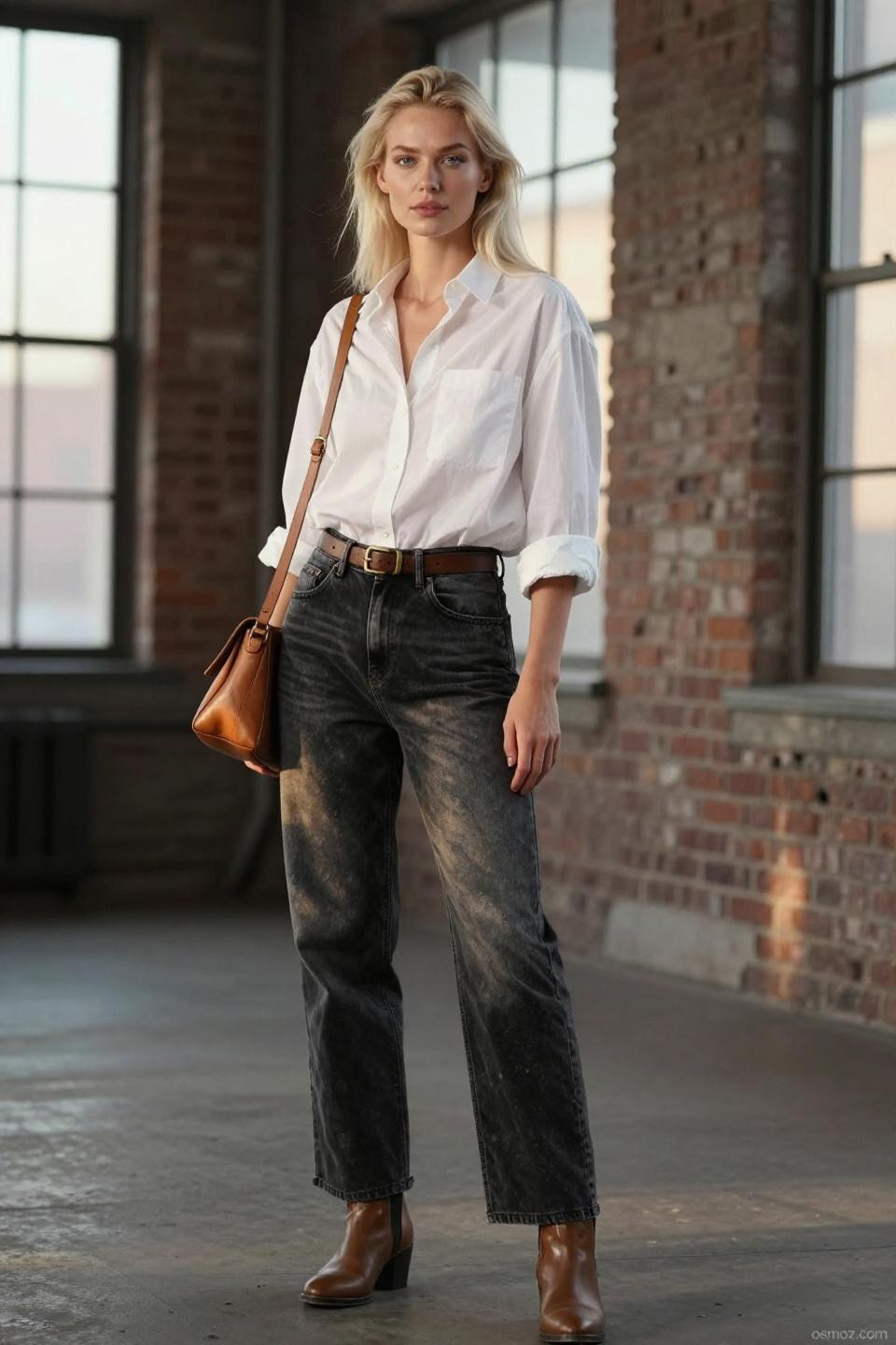 Black denim jeans outfit women styled with oversized white button-down and cognac leather accessories