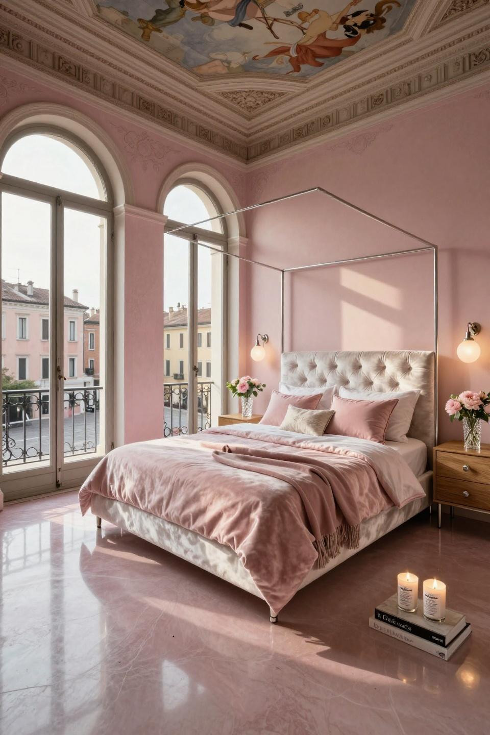 Aesthetic bedroom ideas with platinum velvet and porcelain slab flooring in Milan palazzo