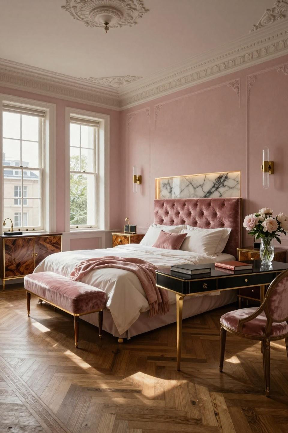 Aesthetic bedroom ideas featuring backlit onyx panel and tufted rose velvet headboard