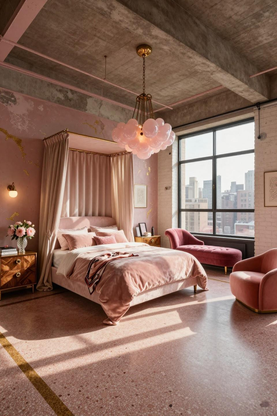 Aesthetic bedroom ideas showcasing pink aesthetic maximalism with terrazzo and velvet