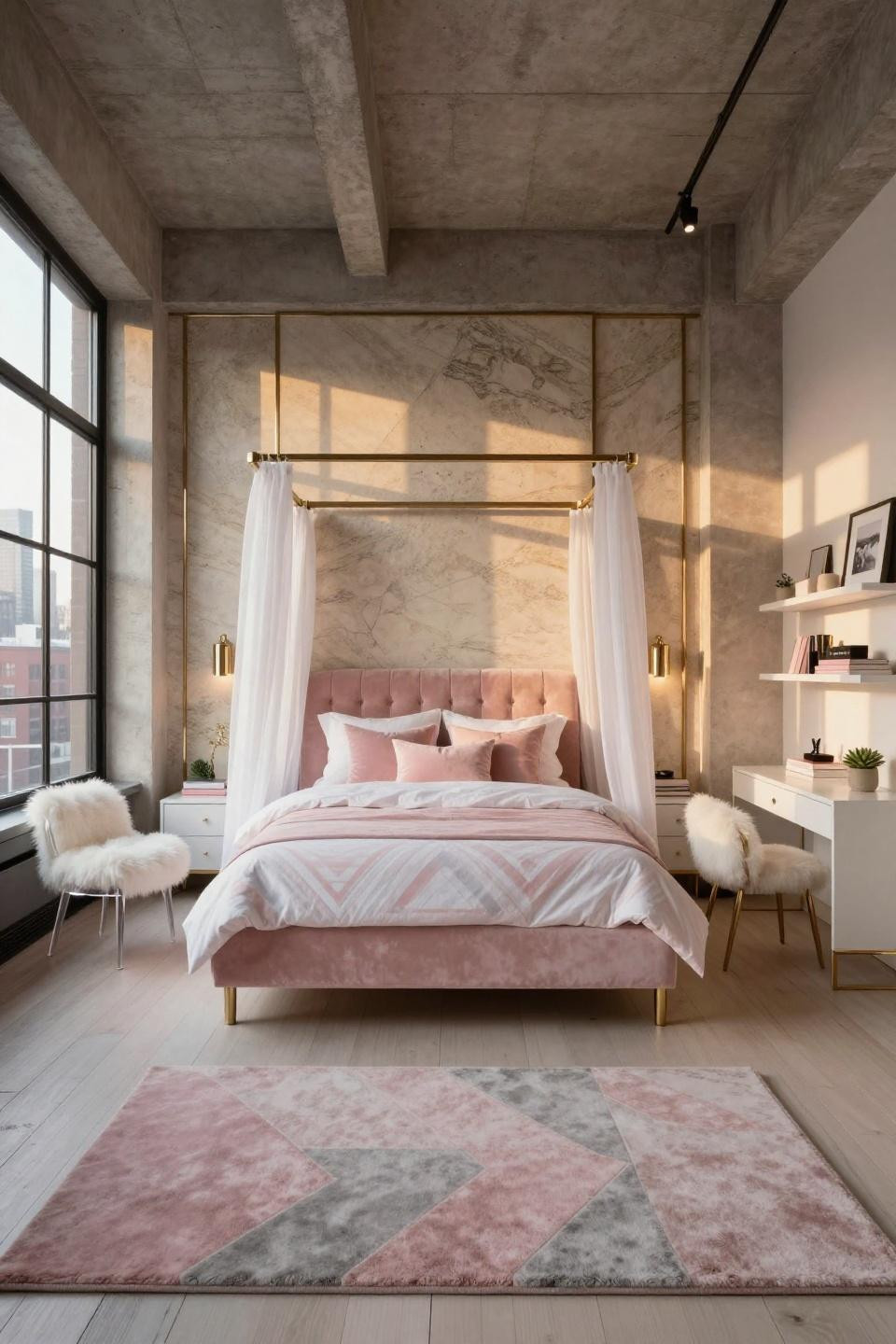 Aesthetic bedroom ideas with limestone accent wall and polished nickel in Tribeca