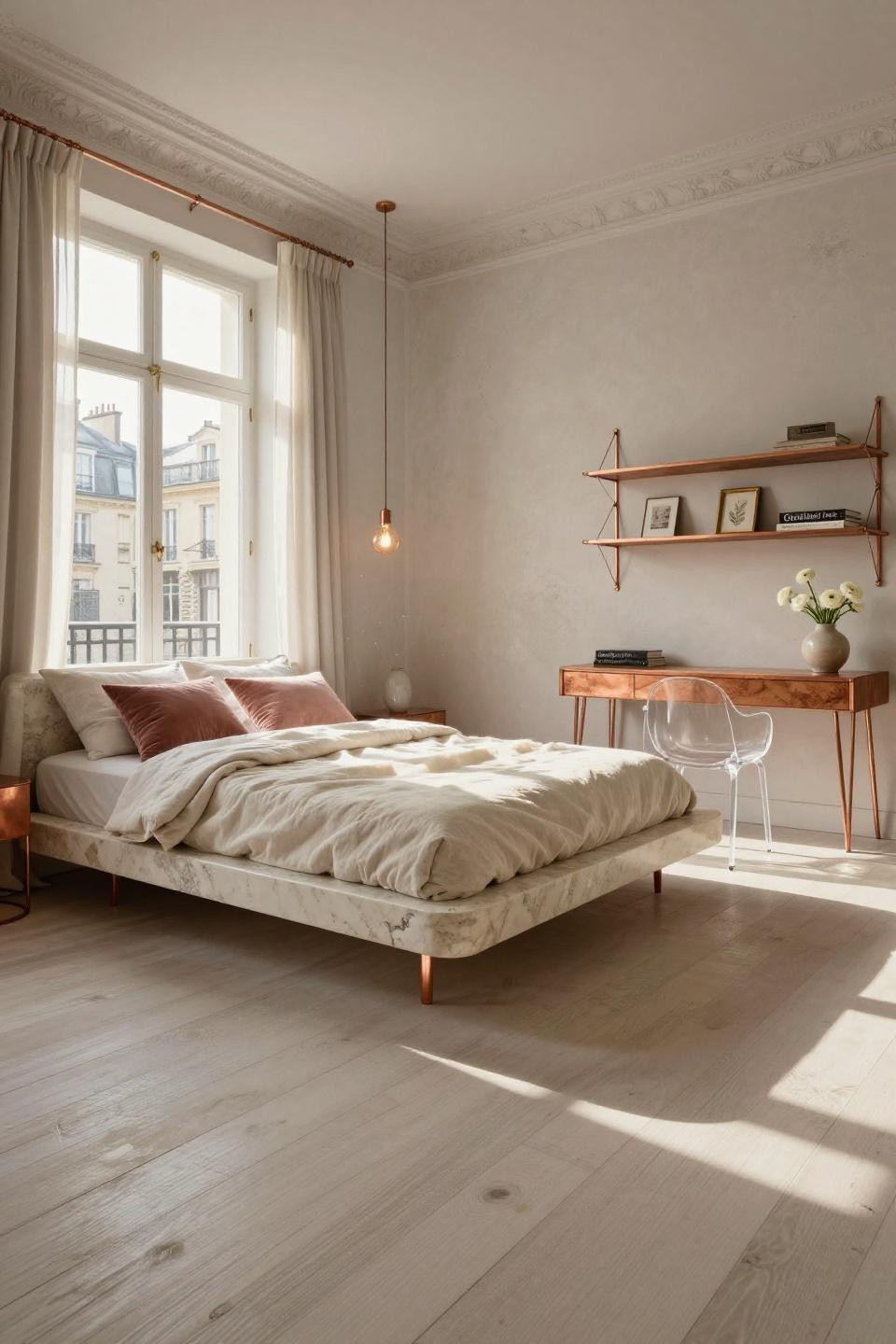 Aesthetic bedroom ideas featuring sculptural quartzite platform bed with copper frame