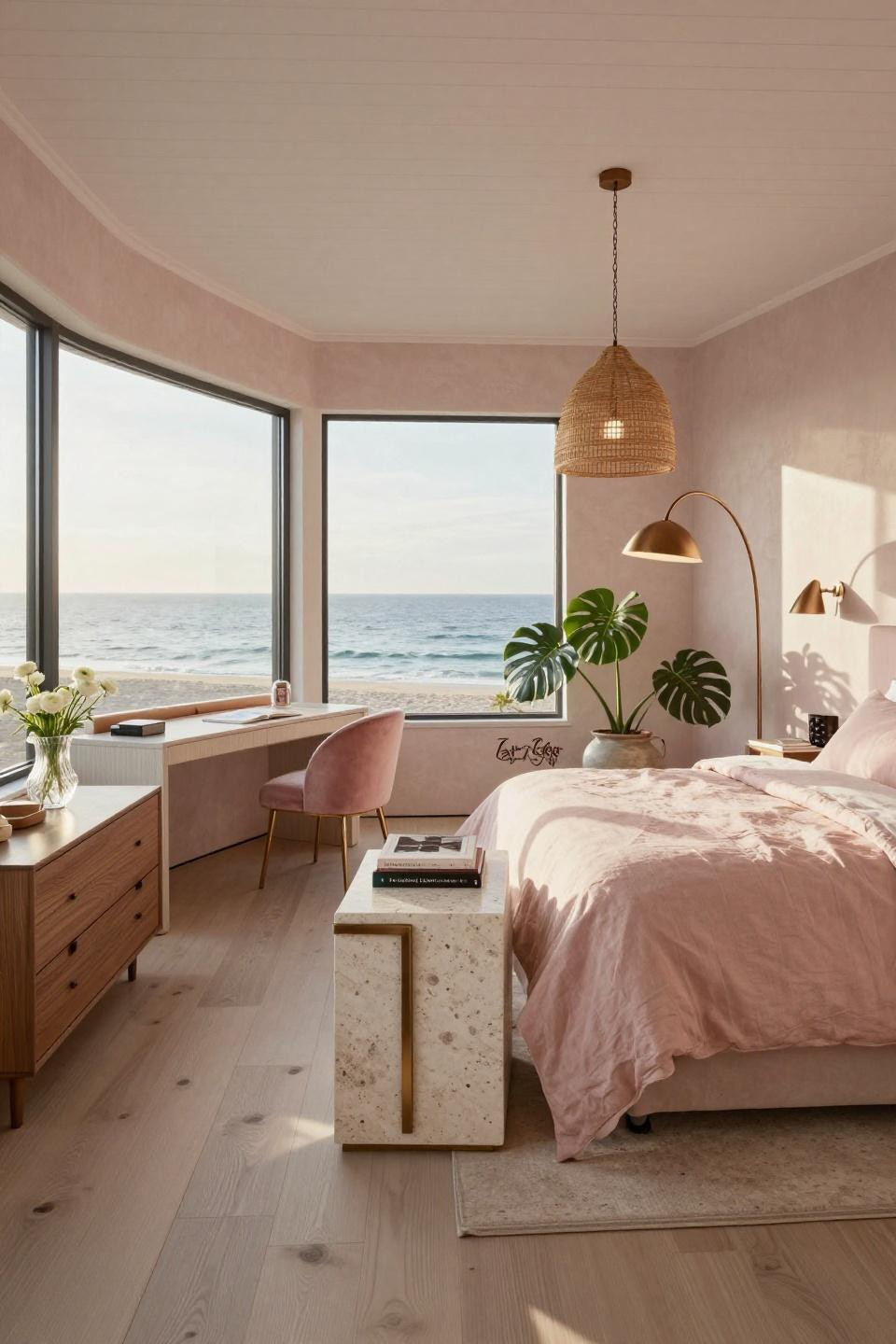 Aesthetic bedroom ideas with travertine nightstand and Belgian linen in Hamptons